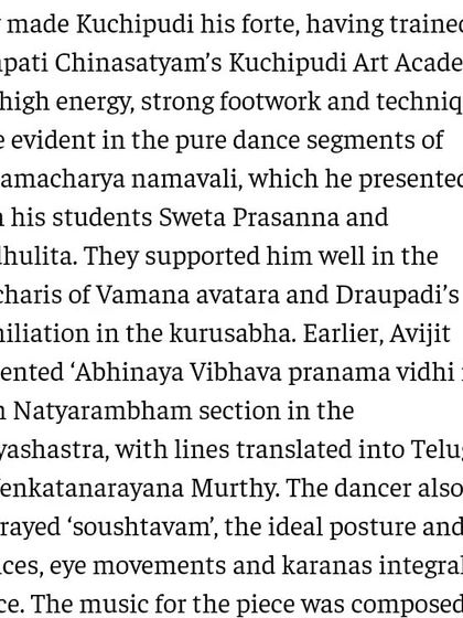 A snippet from The Hindu's review of my performance. The article notes my high energy, strong footwork, and technique in the pure dance segments.