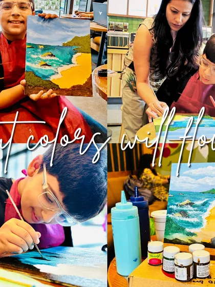 "But colors will flow." A collage showing a young boy's journey from a blank canvas to a finished beach scene, with a little help along the way.