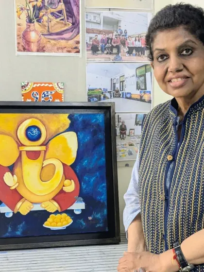 A closer look at Priyanka ma'am's stunning Ganesha painting. Created with acrylics, this piece showcases her unique style and devotion.