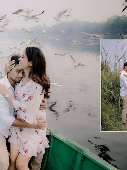 A collage combining a romantic embrace on the boat with a portrait in the nearby fields, showing the variety of shots possible at one location.
