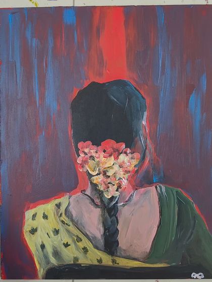 "An Evening," an acrylic painting on an MDF board. This piece, showing a woman with flowers in her hair, is about quiet moments and hidden identities. It has been sold.