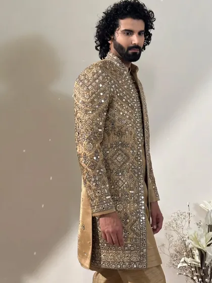 A side view of the grooming for an ethnic wear shoot. The focus was on a strong profile, with subtle contouring to enhance the jawline and ensure the model looked his best from every angle.