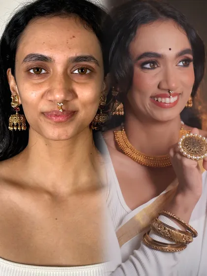 A before-and-after of the Onam look. The transformation is subtle yet stunning, focusing on dewy skin and defined eyes to create an effortlessly elegant appearance.