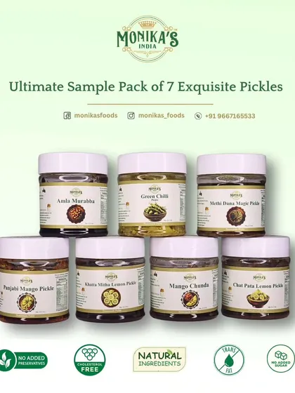 Can't decide which one to try? I've made it easy for you with my Ultimate Sample Pack. It includes seven of my most-loved pickles and preserves, from the spicy Green Chilli to the sweet Amla Murabba. This is the perfect way to explore my range of flavours and find your new favourite.