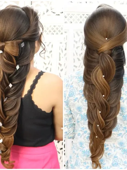 A comparison of two mermaid braid hairstyles. Both are stunning options for a wedding day, one with a bow and one with pearls, showing the versatility of the style.