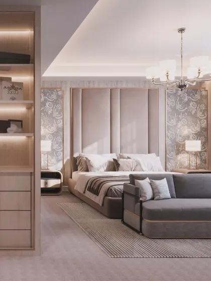A luxurious master bedroom in a London residence, featuring a tall, upholstered headboard and classic-style wallpaper. The render creates a feeling of soft, traditional elegance.