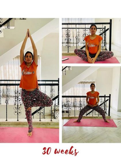 This collage at 30 weeks shows a focus on hip opening with Baddha Konasana (Bound Angle Pose) and building strength with Tree Pose.