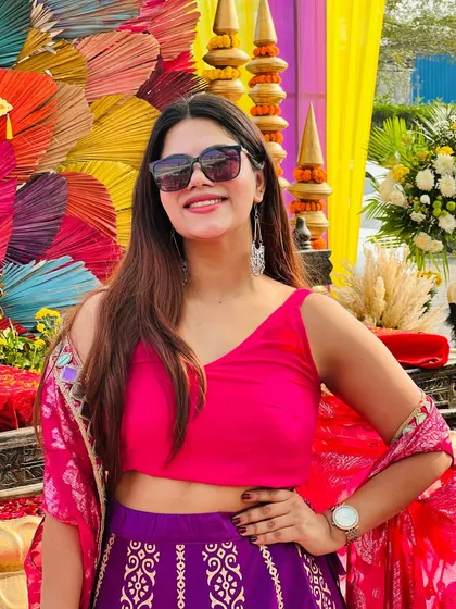 A close-up look at my Haldi event attire. The bright colors and festive vibe of these events are my absolute favorite.