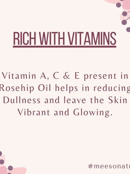 Rosehip Oil is rich in Vitamins A, C, and E. This powerful combination helps fight dullness and leaves your skin looking vibrant and glowing.