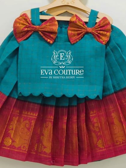 A closer view of the toddler set with pattu bows. The simple, comfortable design is perfect for active little ones.