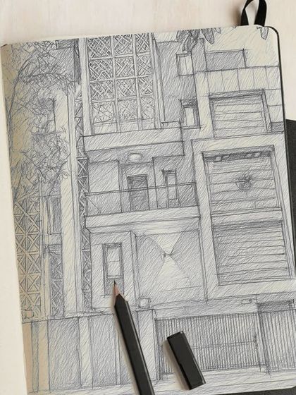 The initial pencil sketch for a modern facade, exploring the composition of lines, textures, and finishes that will eventually tell the story of the home.