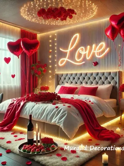 For the ultimate romantic gesture, we can turn any bedroom into a luxurious retreat. This setup features a "Love" neon sign, dramatic red accents, heart-shaped balloons, and soft candlelight to create an unforgettable ambiance.