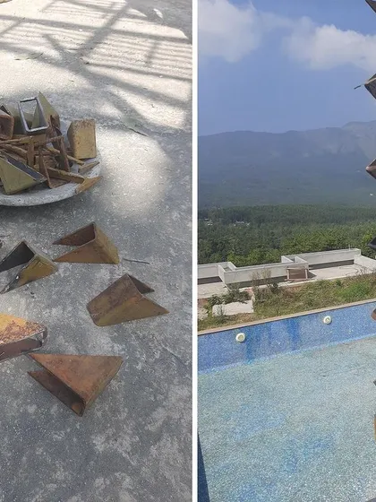 We see potential where others see waste. This split view shows our process: on the left, discarded metal scrap, and on the right, the finished, elegant rain chain it became for a boutique hotel in Chikmagalur.