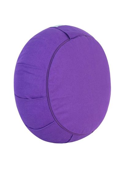 An upright view of the purple meditation cushion, showing its side profile and zipper detail.