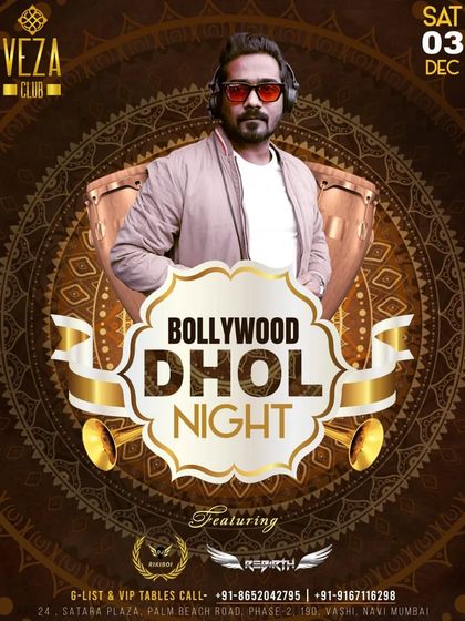 This poster for a Bollywood Dhol Night at Veza Club highlights the fusion of modern DJing with traditional dhol beats, a combination that always gets the crowd excited.