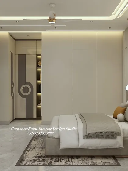 This view shows the wardrobe with its integrated open shelving, perfect for displaying books or decorative items. The design is both stylish and practical.