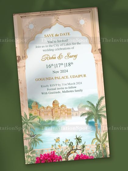 Embark on a royal journey of love in the City of Lakes. This static Save the Date card for a Udaipur wedding features a beautiful watercolor illustration of the palace and lake, framed by a traditional arch.