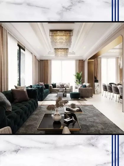 This is an interior design concept for one of our spacious living rooms. We can help you visualize and create a fully furnished space with plush sofas, elegant chandeliers, and a sophisticated color palette.