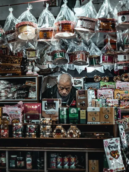 a shopkeeper in his densely packed store. the composition here frames the subject perfectly amidst a lot of visual information, a skill that's useful for designing data-rich dashboards.