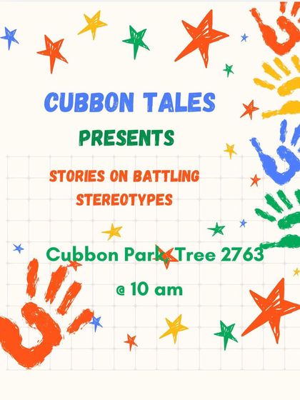 An event poster for our 'Battling Stereotypes' session, featuring a guest storyteller and expressive arts facilitator. We love bringing in experts to enrich our programs.