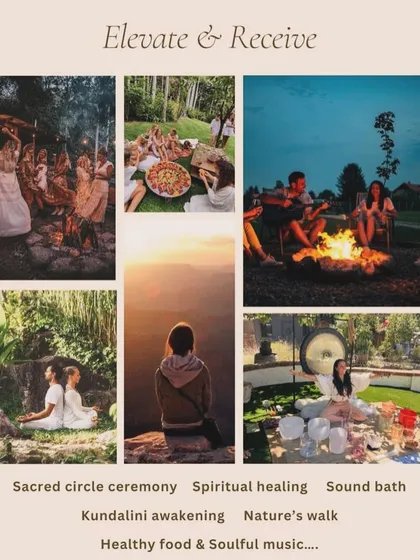 This collage captures the essence of our "Elevate & Receive" retreats. You can see the variety of activities we offer, including sacred circle ceremonies around a fire, communal meals, serene sound baths in nature, and moments of quiet contemplation. These retreats are designed to facilitate Kundalini awakening, spiritual healing, and deep connection with like-minded souls.