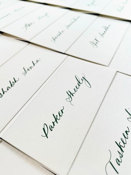 A closer look at the calligraphy place tags. The consistency in script and spacing is key for creating a cohesive and professional look for any event.