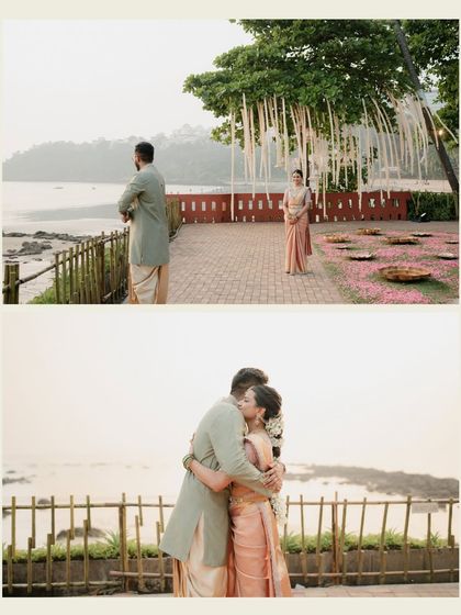 A two-part story of a first look. The anticipation in the top frame gives way to a warm, heartfelt embrace in the bottom, beautifully capturing the emotional crescendo of seeing each other for the first time on the wedding day.