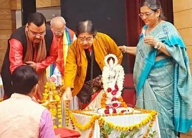 The ceremonial lighting of the lamp to inaugurate the music competition. It is important to begin such events by seeking divine blessings.