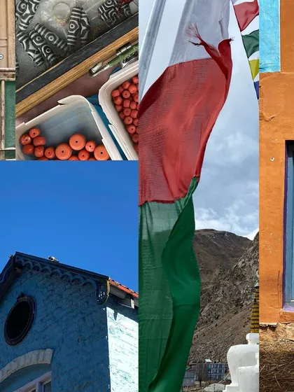 A random, chaotic collage blending mountain prayer flags with colorful beads and architectural details.