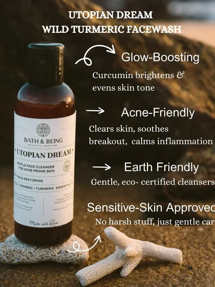 Meet our Utopian Dream Turmeric Facewash, the heart of our collection. This infographic shows you exactly why it's a crowd favourite. It's formulated to be gentle, effective, and earth-friendly, bringing a natural glow to your daily routine.