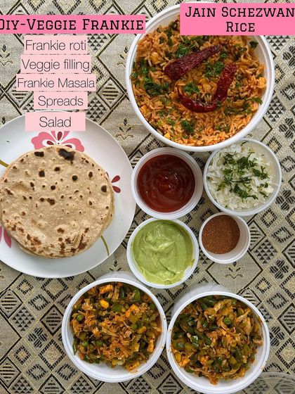 A fun, interactive meal kit. This DIY Veggie Frankie kit includes frankie roti, veggie filling, and all the spreads and masalas. I also prepared a delicious Jain Schezwan Rice to go with it.