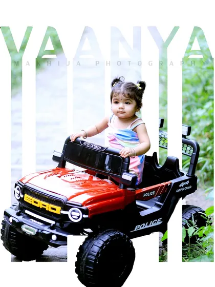 Here, I've used a creative text mask effect over one of Vaanya's portraits. This is another example of the unique editing styles I can apply to make your child's birthday photos stand out.