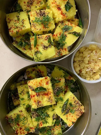 A close-up of my soft and perfectly tempered Khaman Dhokla, served alongside Moongdal ka Sheera.