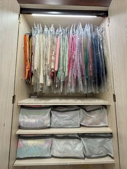 For very delicate or heavily embroidered pieces, we recommend individual clear garment bags. This protects them from dust and snagging while still allowing you to see what's inside.