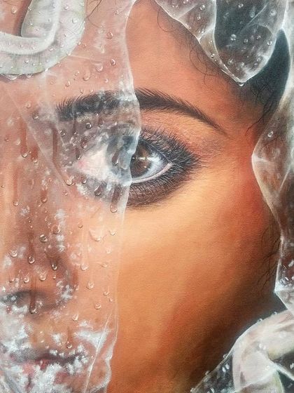 An alternate view of the finished 'Fear' painting, showing the interplay between the clear, direct gaze and the obscured, distorted features behind the plastic. This contrast is central to the painting's theme of facing fear.