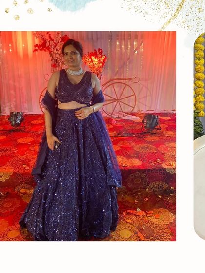 A client looking glamorous in a sparkling navy blue sequin lehenga. This is the perfect outfit for a cocktail night or a sangeet where you want to shine.