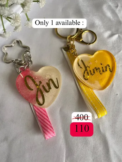 One for the Jin stans and one for the Jimin stans. These heart-shaped keychains are part of my bias drop, with only one of each available.