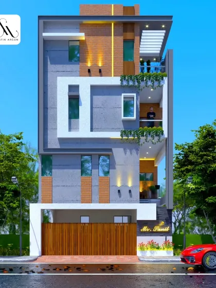 A 3D visualization for Mr. Sunil's residence, featuring a contemporary facade. The design incorporates a mix of concrete finishes and warm wood-textured panels, with recessed balconies and strategic window placements for a modern aesthetic.