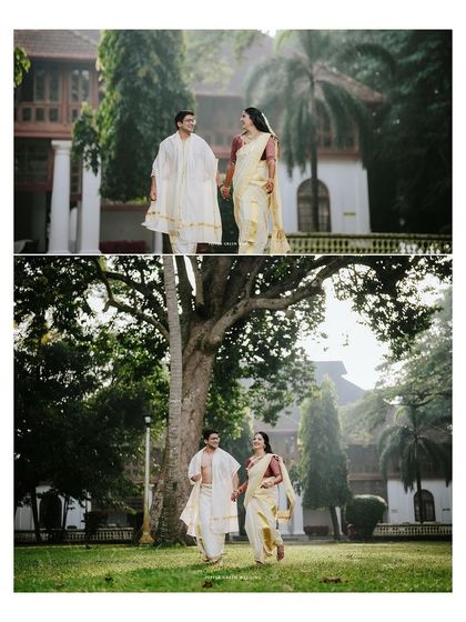 A collage of the couple's portraits at Bolgatty Palace, capturing their joyful run and their elegant walk.
