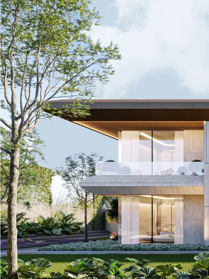 This facade is defined by soft edges and precise alignment, where the weight of concrete meets the lightness of glass. The composition is sculpted, not just constructed, with surrounding trees and greenery becoming an integral part of the architectural expression.