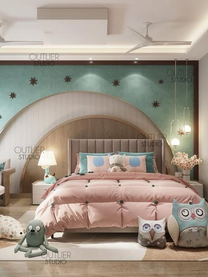 A playful paradise for the little ones. This bedroom features a double-arched headboard in soft pink and mint green, with cute animal-themed decor and a whimsical giraffe painting.