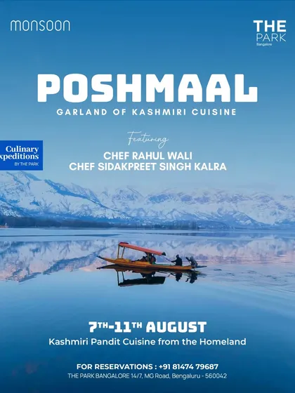 The poster for Poshmaal, our Kashmiri Pandit cuisine pop-up, showcasing rare non-vegetarian Brahmin dishes like Rogan Josh and Kabargah.
