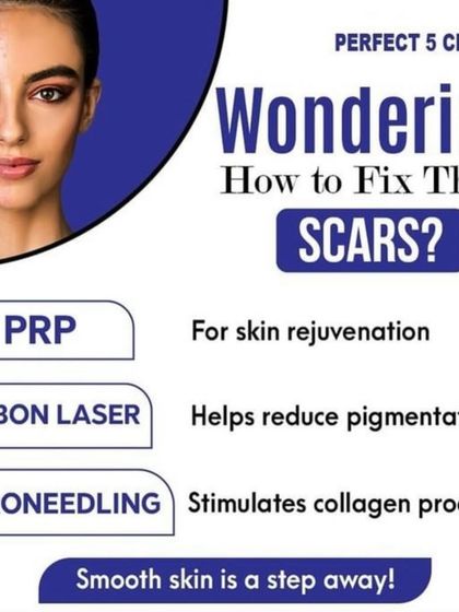 If you're wondering how to fix scars, this graphic presents our top solutions. We use PRP for skin rejuvenation, Carbon Laser for pigmentation, and Microneedling to stimulate collagen.