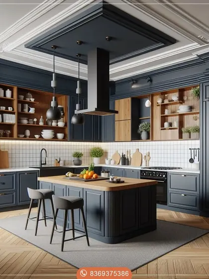 We created a dramatic and inviting atmosphere in this kitchen with deep blue cabinetry and warm wood open shelving. The design combines classic shaker-style doors with a modern island layout, perfect for both cooking and entertaining.