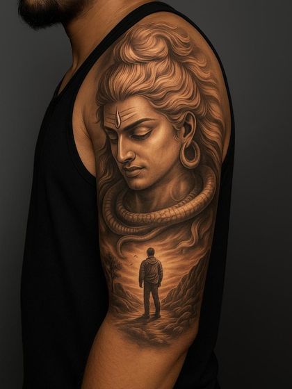 This unique full-sleeve design shows a devotee on a journey towards Mahadev. It symbolizes the spiritual path and the ultimate goal of finding peace and enlightenment under Shiva's watchful gaze.