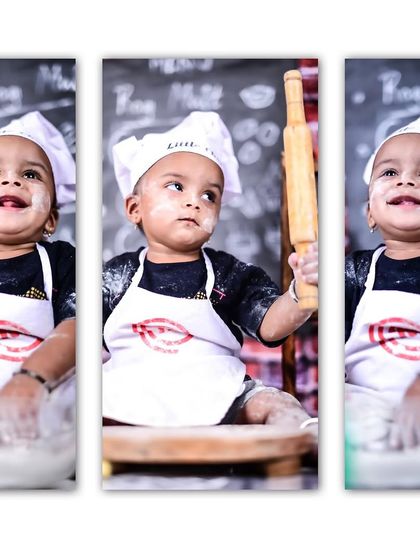 A triptych of a little chef covered in flour, showing his joyful and messy process.