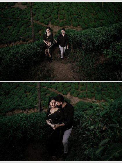 An overhead shot and an intimate embrace from the same tea garden pre-wedding session, showcasing different perspectives of their love story.