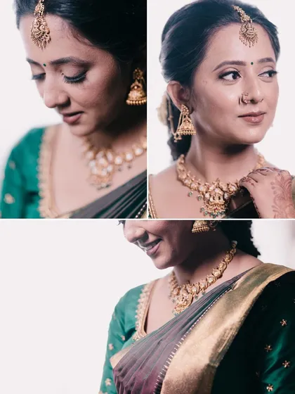 A collage of a bride's pre-engagement portraits, capturing her serene expressions and beautiful jewelry.