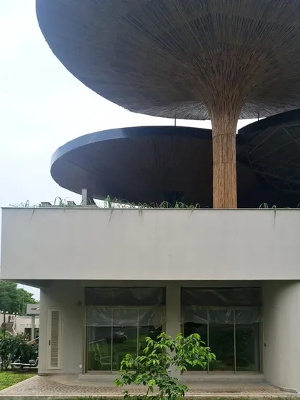 A view of the nearly completed bamboo parasols at the TAPMI Centre, showing the intricate craftsmanship of the cladding.