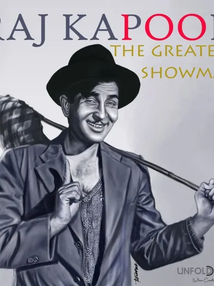A black-and-white portrait of Raj Kapoor, capturing his iconic "Shree 420" look.